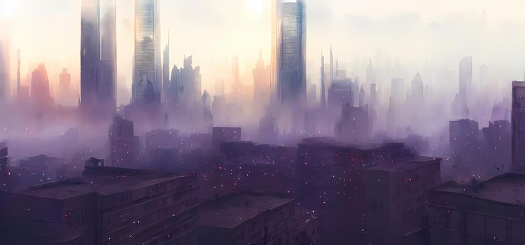 Cityscape background painted texture with dark night futuristic urban buildings.Digital art painting for book illustration,background wallpaper, concept art.