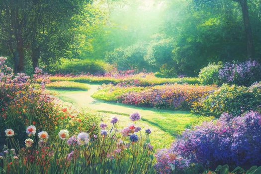 3D render digital painting of garden with flowers and trees, Floral HD wallpaper 3D illustration