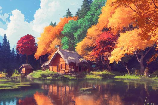 3D render digital painting of cabin near a river in the redwood forest. Autumn wallpaper theme.