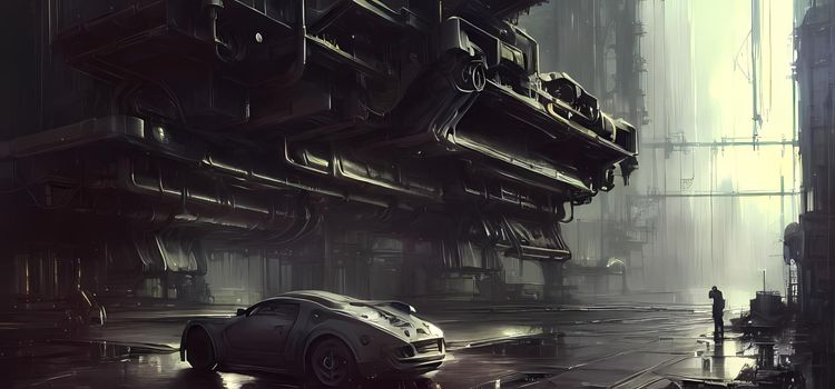 Dark backstreet in a fantasy future cyberpunk city with moody tones.Digital art painting for book illustration,background wallpaper, concept art.