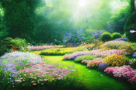 3D render digital painting of garden with flowers and trees, Floral HD wallpaper 3D illustration