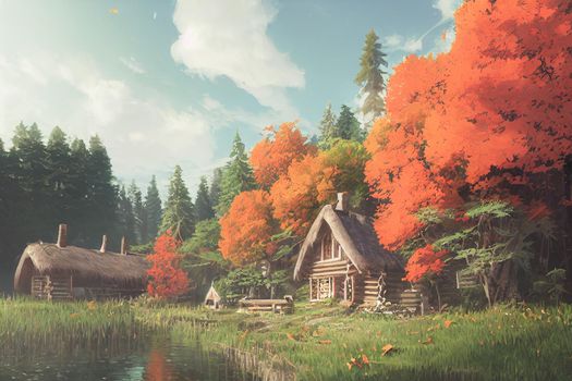 3D render digital painting of cabin near a river in the redwood forest. Autumn wallpaper theme.