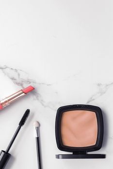 Modern feminine lifestyle, blog background and styled stock concept. Beauty and fashion inspiration - Make-up and cosmetics flatlay on marble