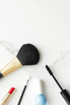 Make-up and cosmetics products on marble, flatlay background - modern feminine lifestyle, beauty blog and fashion inspiration concept