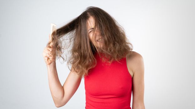 A woman's grimace when it hurts, a complex combing of unruly tangled hair with a comb. High quality photo