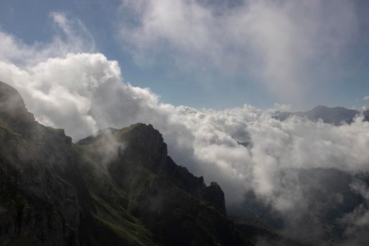 Cloudy landscape showing a peak under a blue sky