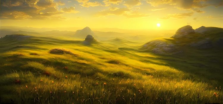 Rural summer landscape and hills from background.Digital art painting for book illustration,background wallpaper, concept art.