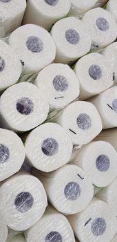 top view of lots of toilet paper rolls. soft hygienic paper. close up during the covid pandemic