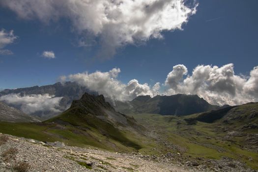 Landscape showing mountainsunder a cloudy sky in Fuente De in Spanish Picos de Europa mountain range