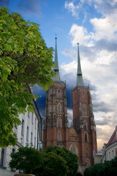 Ancient buildings on Ostrow Tumski at daytime in Wroclaw. High quality photo