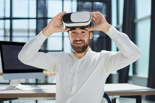 businessman in a formal wear and virtual reality glasses