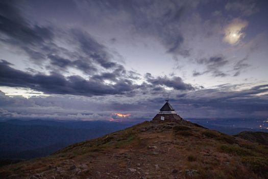Landscape views of sunset from the summit of Mt Buller over the Victorian Alps in the Victorian High Country, Australia