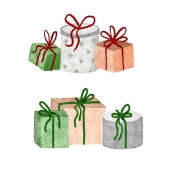 Watercolor hand drawn illustration with beige green gray present gift boxes with ribbon bows. Neutral Scandinavian nordic design for Christmas new year birthday decoration invitations, shopping sales surprise concept