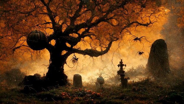 Halloween background. Spooky forest pumpkin in graveyard.