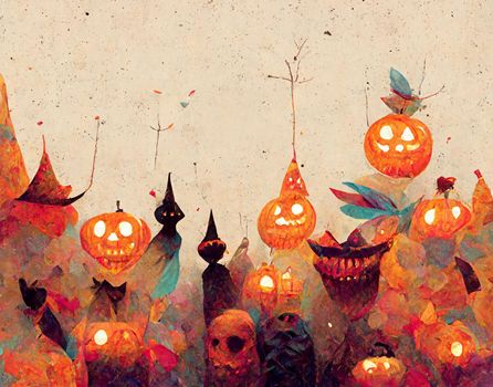 Halloween greeting card background. Spooky pumpkin in graveyard.