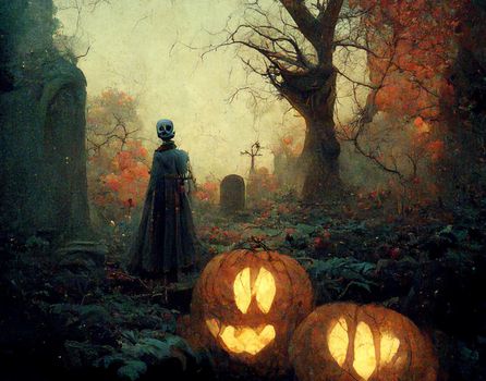 Halloween background. Spooky forest pumpkin in graveyard.