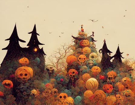 Halloween greeting card background. Spooky pumpkin in graveyard.
