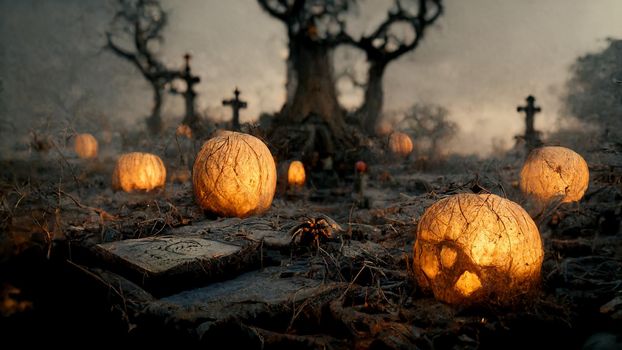 Halloween background. Spooky forest pumpkin in graveyard.