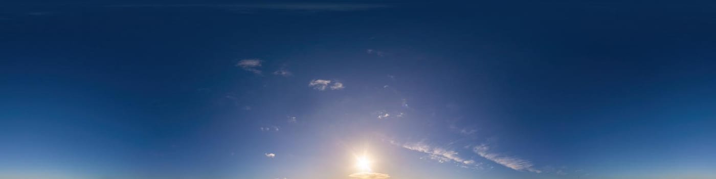 Sky panorama with Cirrus clouds in Seamless spherical equirectangular format. Full zenith for use in 3D graphics, game and editing aerial drone 360 degree panoramas for sky replacement