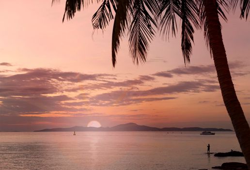 Coconut palm tree silhouette on sea and evening sunset sky background