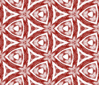 Ikat repeating swimwear design. Maroon symmetrical kaleidoscope background. Textile ready emotional print, swimwear fabric, wallpaper, wrapping. Summer ikat sweamwear pattern.