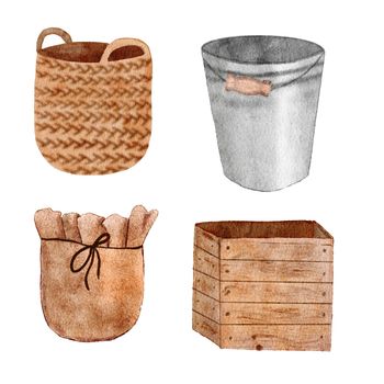 Watercolor hand drawn illustration of beige bwon natural container baskets and gray metal bucket. Style Scandinavian nordic eco interrior design cozy objects, wooden comfort decor elements, home modern furniture