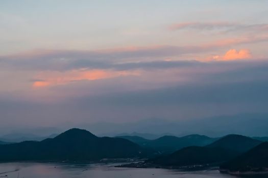 Panorama scenery of Mountain landscape at evening sunset nature background
