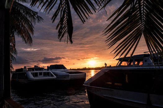 Bangkok Thailand Bangkok Smart Ferry electric passenger boat service Urban Line at pier waiting for depart at sunset
