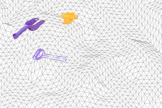 Toys on digital playground for kid playing abstract learning over wireframe background