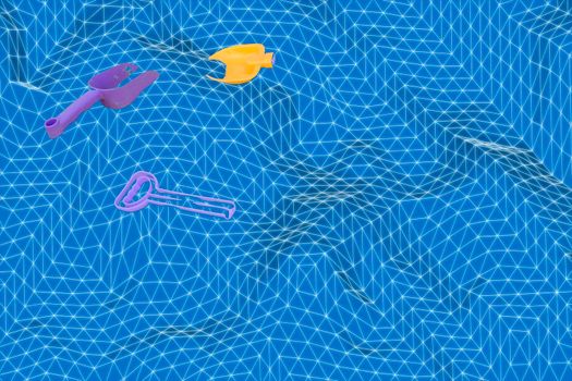 Toys on digital playground for kid playing abstract learning over blue wireframe background