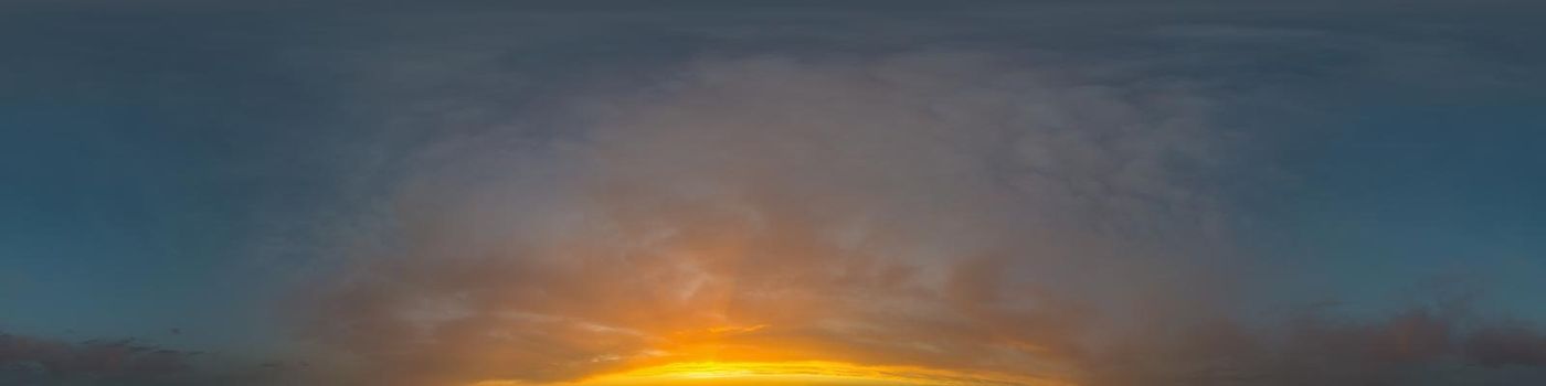 Sky panorama with Cirrus clouds in Seamless spherical equirectangular format. Full zenith for use in 3D graphics, game and editing aerial drone 360 degree panoramas for sky replacement