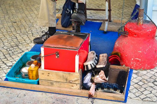 Shoes cleaning set on the street of Portugal