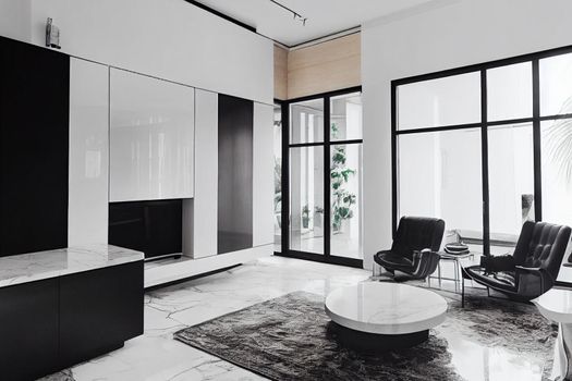 Modern living room 3D render with white luxurious furniture, white glossy marble floor and creative wooden chairs