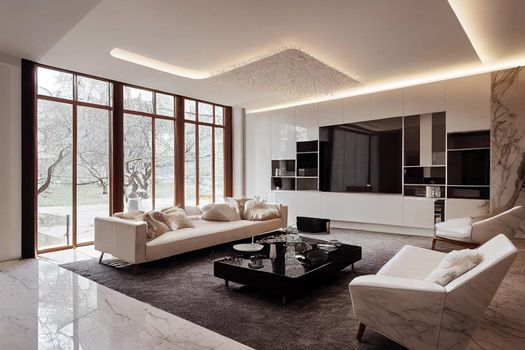 Modern living room 3D render with white luxurious furniture, white glossy marble floor and creative wooden chairs