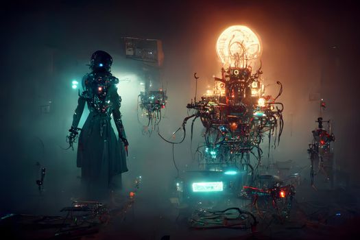 cyberpunk witchcraft in foggy hacker hideout near robotic wizard figure, neural network generated art. Digitally generated image. Not based on any actual scene or pattern.