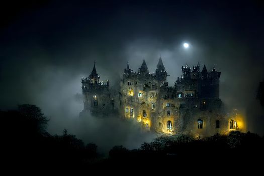 large haunted castle with many illuminated windows at spooky misty dark halloween night, neural network generated art. Digitally generated image. Not based on any actual scene or pattern.