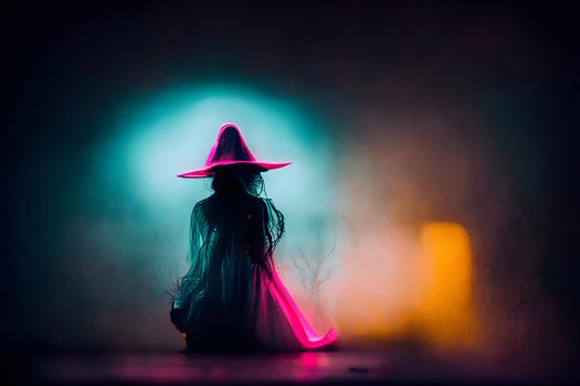 woman silhouette in halloween costume with conical witch hat, neural network generated art. Digitally generated image. Not based on any actual scene or pattern.