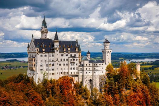 Neuschwanstein Fairytale Castle near Fussen, Bavaria, Germany. View of famous Neuschwanstein Castle. Location: village of Hohenschwangau, near Fussen, southwest Bavaria, Germany, Europe
