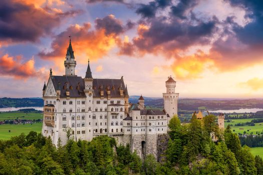 Neuschwanstein Fairytale Castle near Fussen, Bavaria, Germany. View of famous Neuschwanstein Castle. Location: village of Hohenschwangau, near Fussen, southwest Bavaria, Germany, Europe