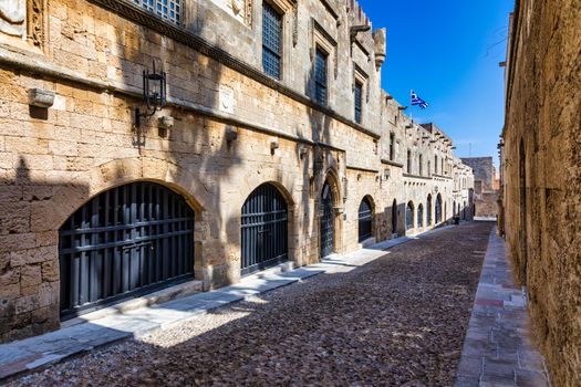 The Street of the Knights, the most famous street in Rhodes old town, Rhodes island, Greece. The Street of the Knights in Rhodes is one of the best preserved medieval monuments in the world. Greece