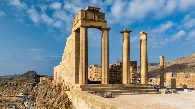 Ruins of Acropolis of Lindos view, Rhodes, Dodecanese Islands, Greek Islands, Greece. Acropolis of Lindos, ancient architecture of Rhodes, Greece. 