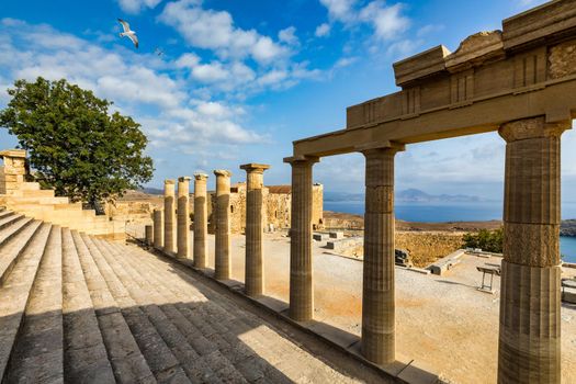 Ruins of Acropolis of Lindos view, Rhodes, Dodecanese Islands, Greek Islands, Greece. Acropolis of Lindos, ancient architecture of Rhodes, Greece. 