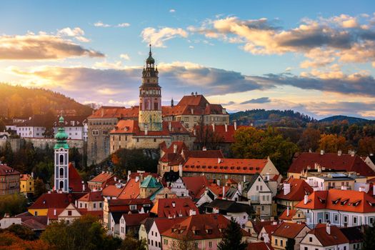 View of historical centre of Cesky Krumlov town on Vltava riverbank on autumn day overlooking medieval Castle, Czech Republic. View of old town of Cesky Krumlov, South Bohemia, Czech Republic.
