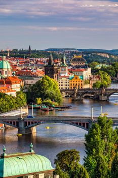 Charles Bridge sunset view of the Old Town pier architecture, Charles Bridge over Vltava river in Prague, Czechia. Old Town of Prague with Charles Bridge, Prague, Czech Republic.