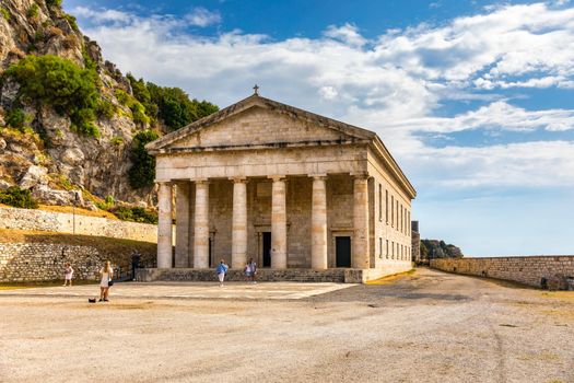 The old Venetian fortress of Corfu town and Holy Church of Saint George, Corfu, Greece. The Old Fortress of Corfu is a Venetian fortress in the city of Corfu. Venetian Old Fortress (Palaio Frourio)