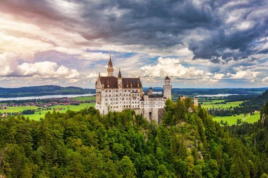 Neuschwanstein Fairytale Castle near Fussen, Bavaria, Germany. View of famous Neuschwanstein Castle. Location: village of Hohenschwangau, near Fussen, southwest Bavaria, Germany, Europe
