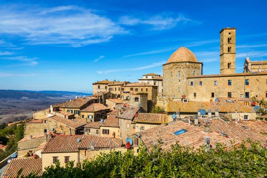 Tuscany, Volterra town skyline, church and panorama view. Maremma, Italy, Europe. Panoramic view of Volterra, medieval Tuscan town with old houses, towers and churches, Volterra, Tuscany, Italy.