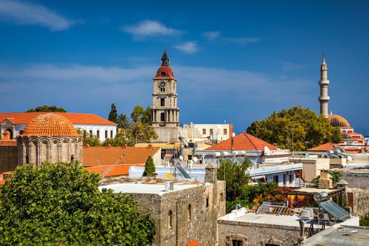 Panoramic view of Rhodes old town on Rhodes island, Greece. Rhodes old fortress cityscape. Travel destinations in Rhodes, Greece.