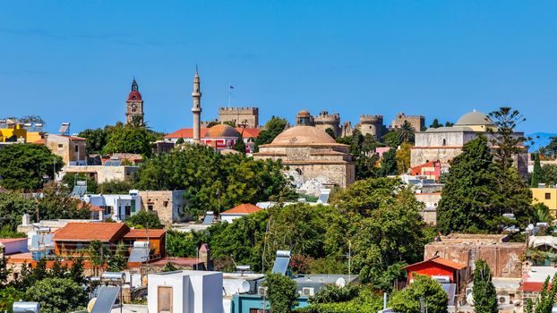 Panoramic view of Rhodes old town on Rhodes island, Greece. Rhodes old fortress cityscape. Travel destinations in Rhodes, Greece.