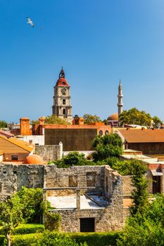 Panoramic view of Rhodes old town on Rhodes island, Greece. Rhodes old fortress cityscape. Travel destinations in Rhodes, Greece.